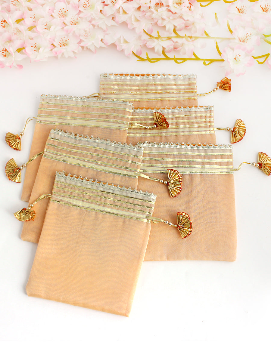 Peach Tissue Potli Bags /Wedding Favors Pack Of 6 Pc