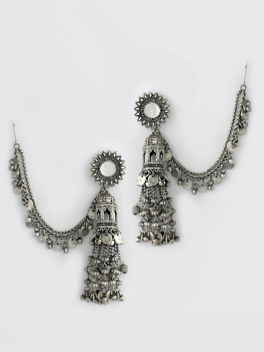 Oxidised Earrings With Hair Chain Vrinda Jhumka Earrings With Ear