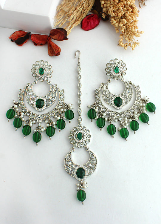 Shrika Earrings & Tikka-Green