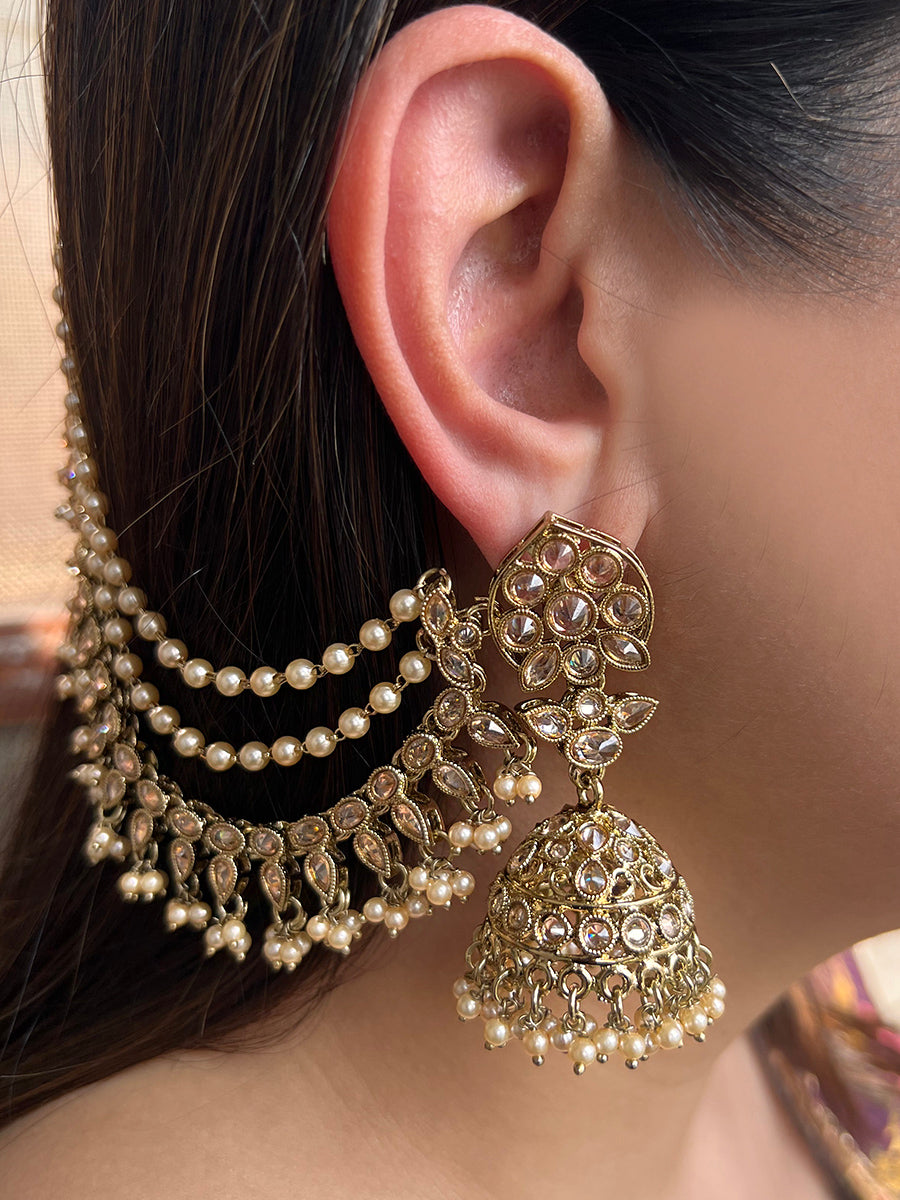 Netra Jhumki Earrings with Ear Chain Gold Tone Polkis