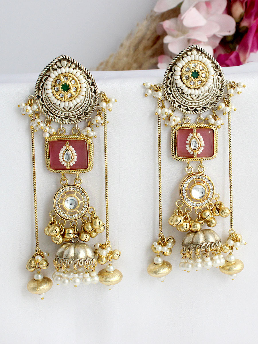 Devika Long Jhumka / Jhumki Earrings-Pink