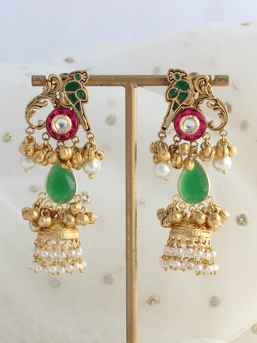 Shampa Long Jhumki Earrings-Green