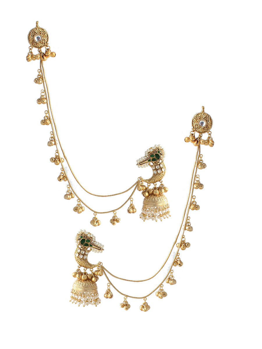 Chitra Jhumki Earrings With Ear Chain-Green