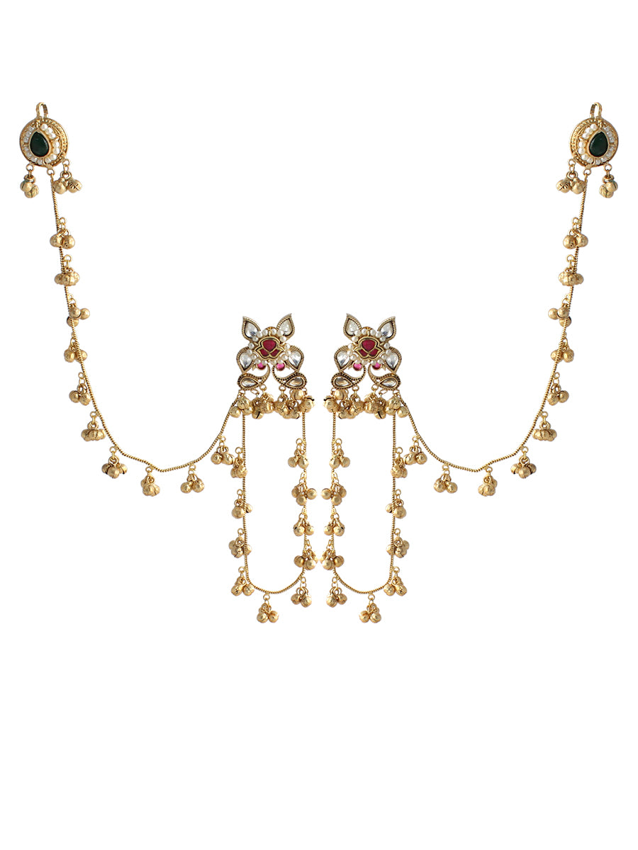 Dhanvi Long Earrings With Ear Chain-Green