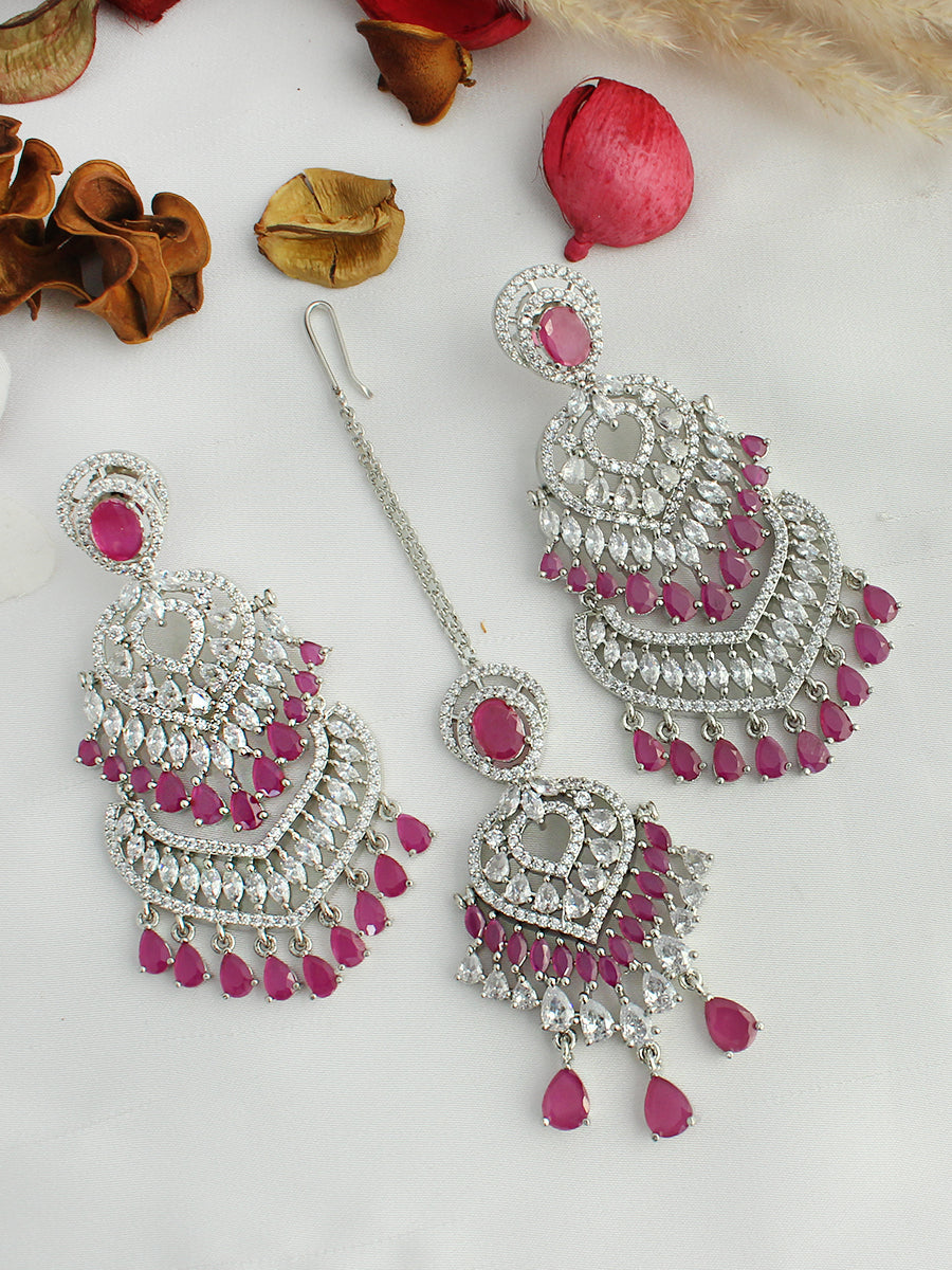 Noor Earrings & Tikka-Ruby Pink