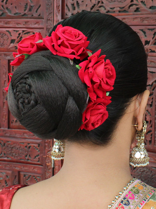 Gul Artificial Flowers Hair Bun Bridal Gajra-Red