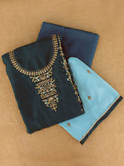 Somya  Embroidered Teal Blue satin Georgette Suit