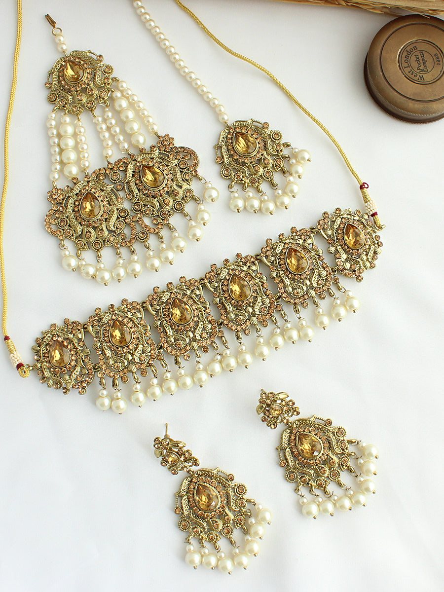 Adhira Choker Necklace Set-Gold