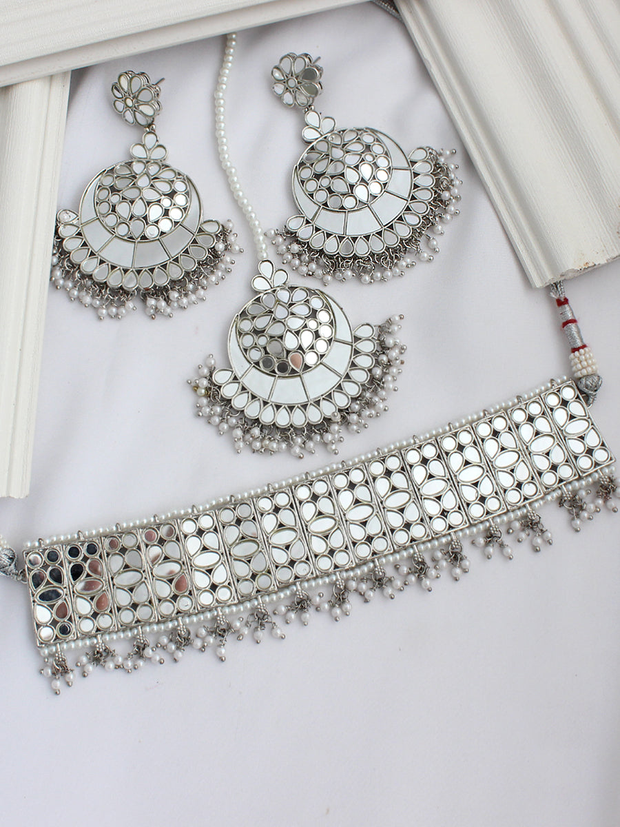 Seerat Mirror Necklace Set - Silver