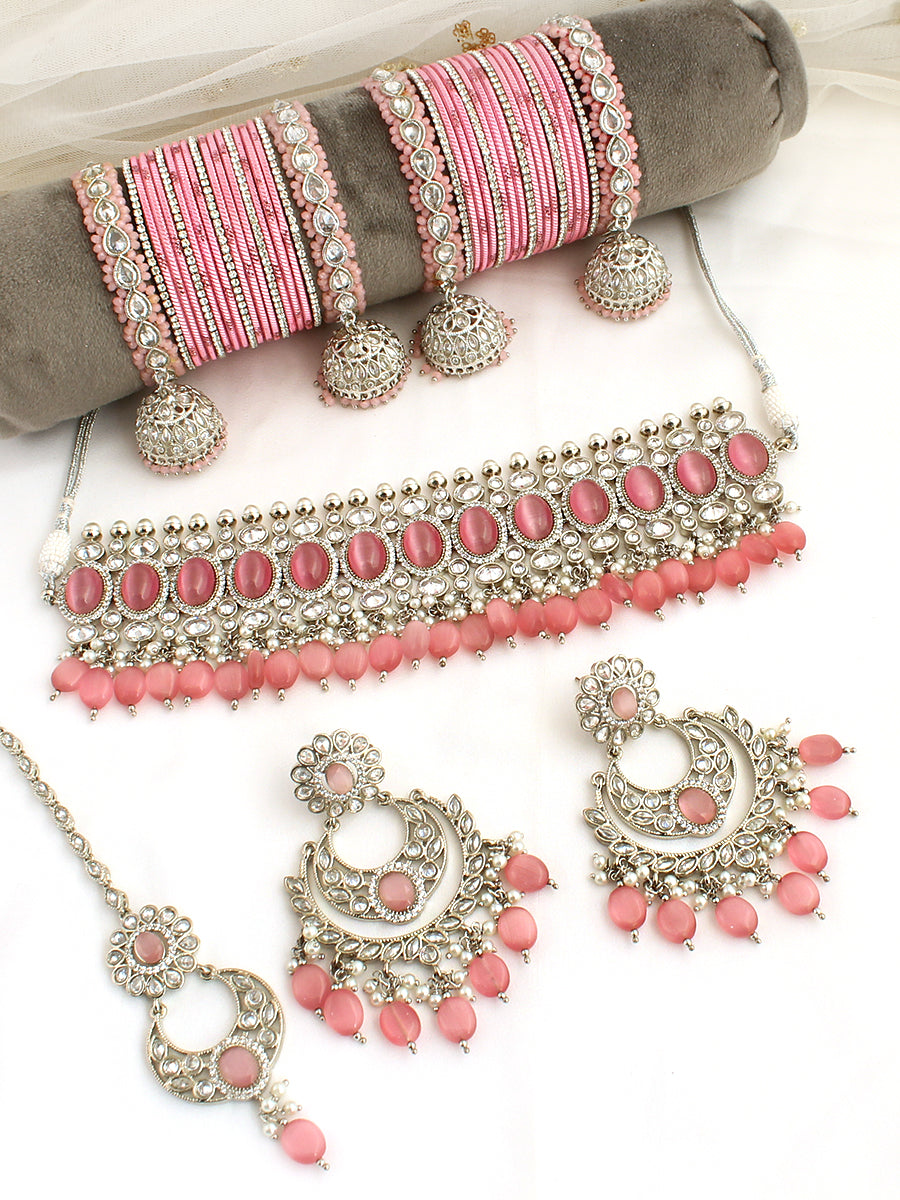 Akansha Necklace Set-Pastel Pink