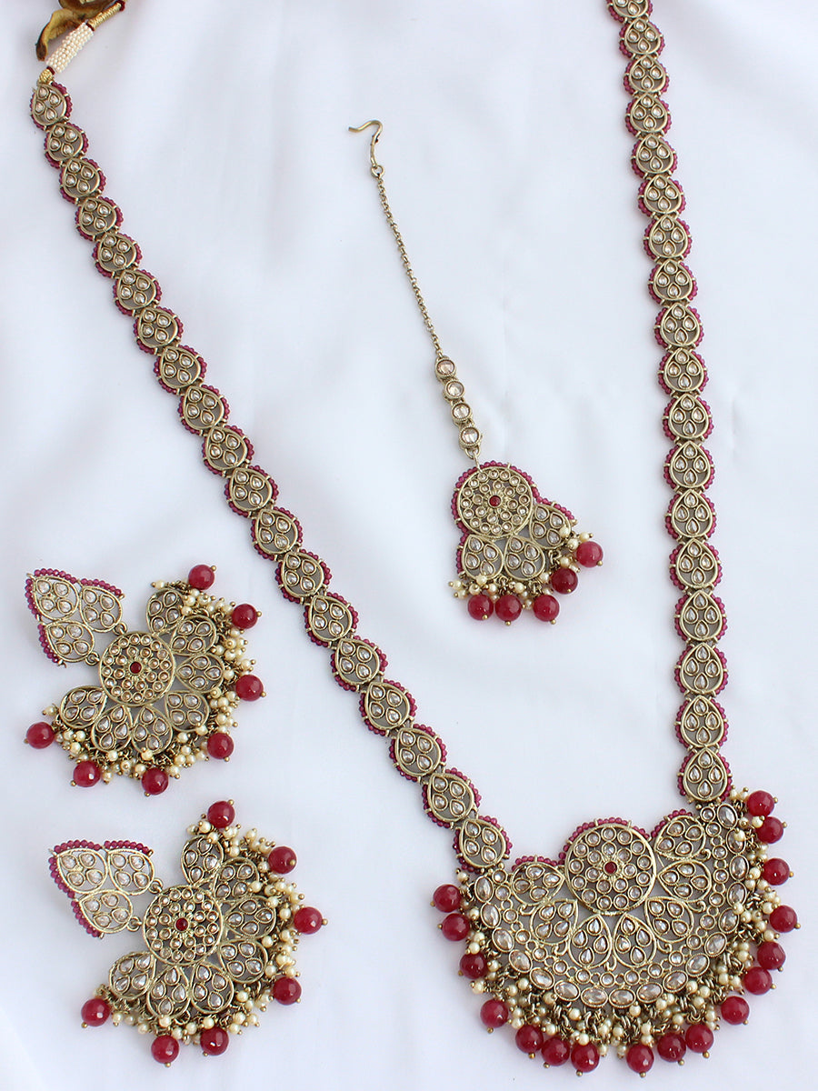 Shaira Long Necklace Set-Maroon-Maroon