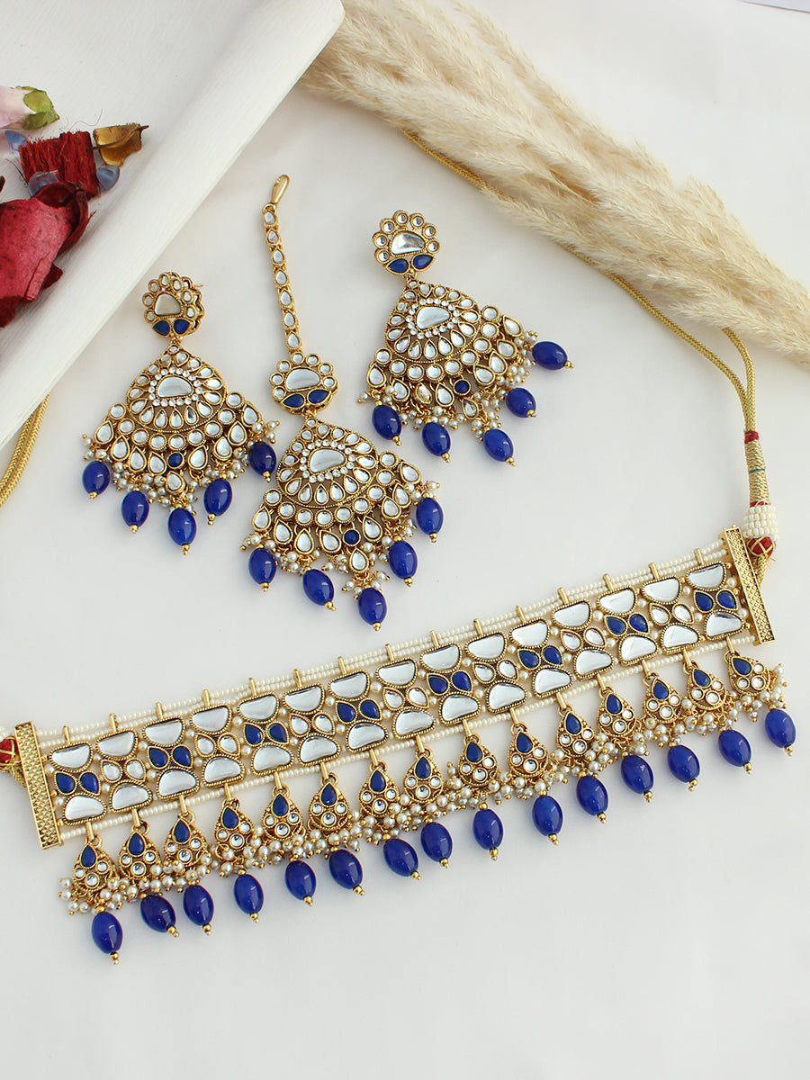 Hania Choker Necklace Set-Blue