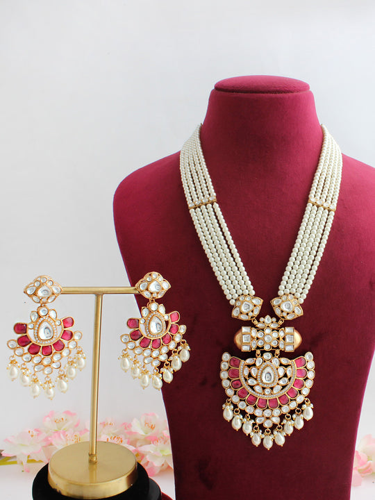 Ishani Long Necklace Set-Ruby pink
