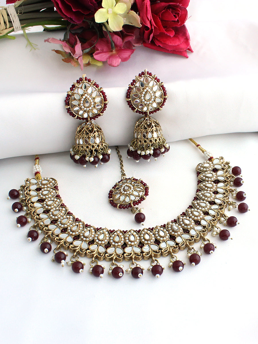 Shirin Mirror Necklace Set-Maroon