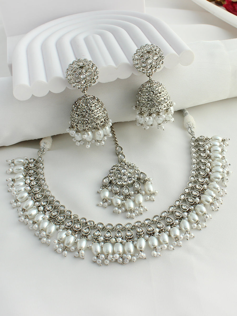 Dhruvi Choker Necklace Set-Silver