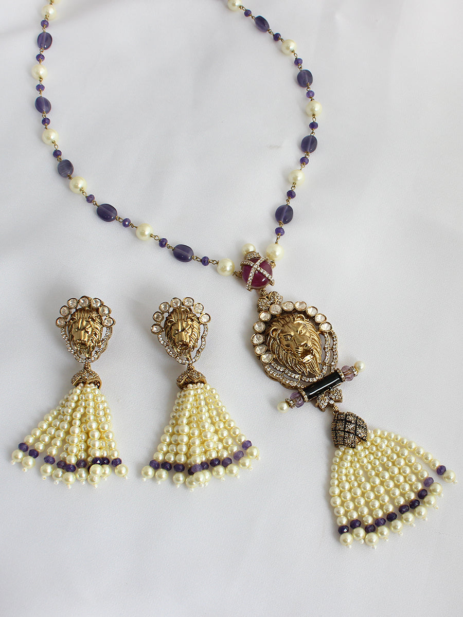 Dianna Lion Pendant Long Necklace Set-Purple