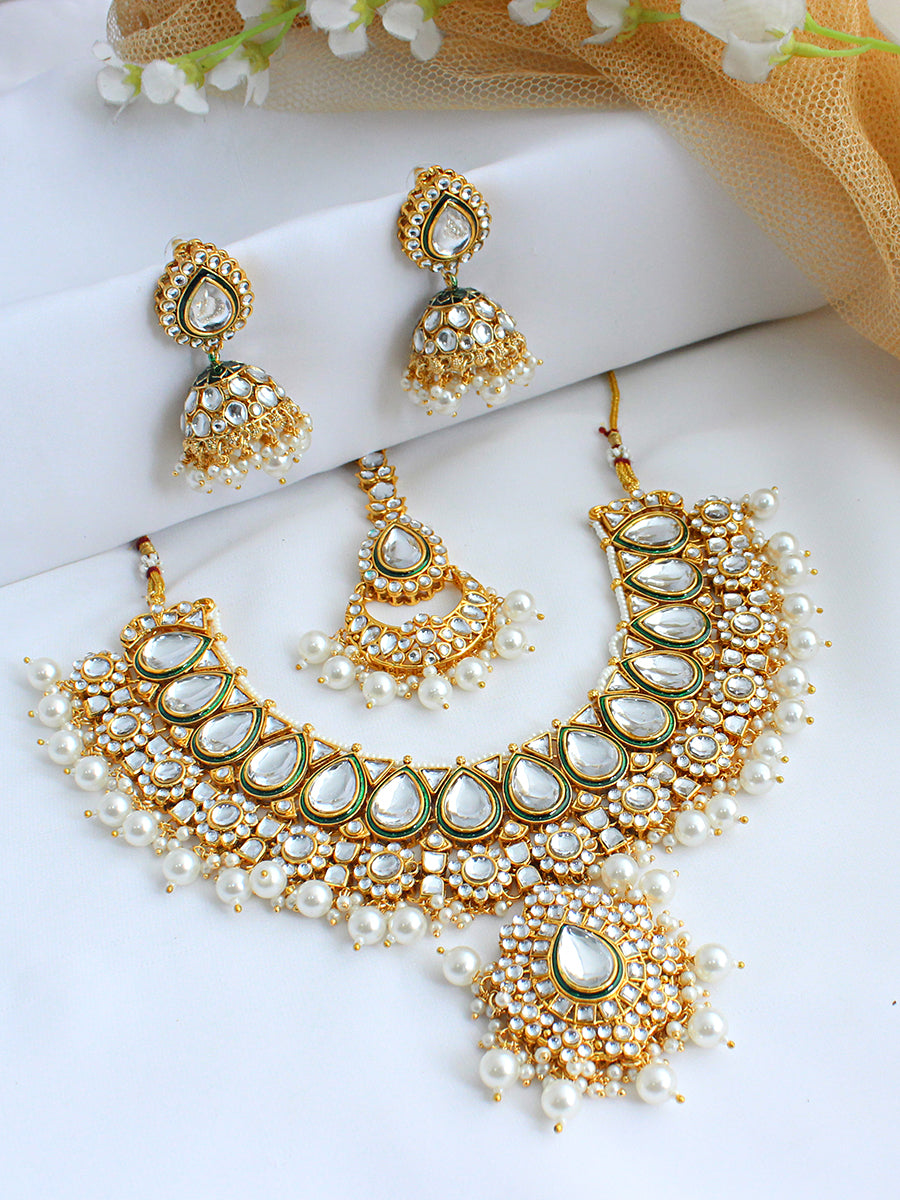 Sharvika Bib Necklace Set-Pearl