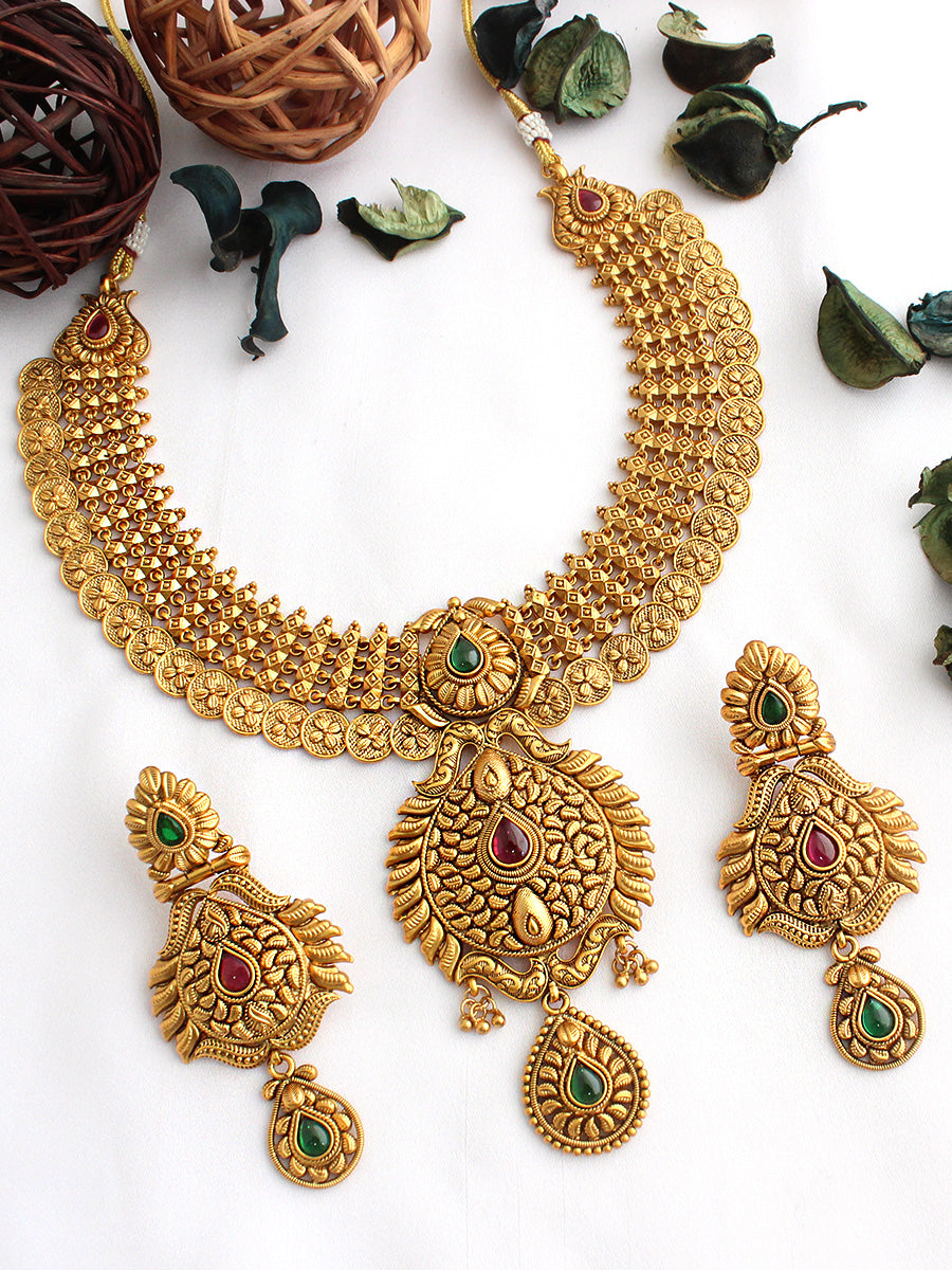 Janki Bib Necklace Set-Pink/Green