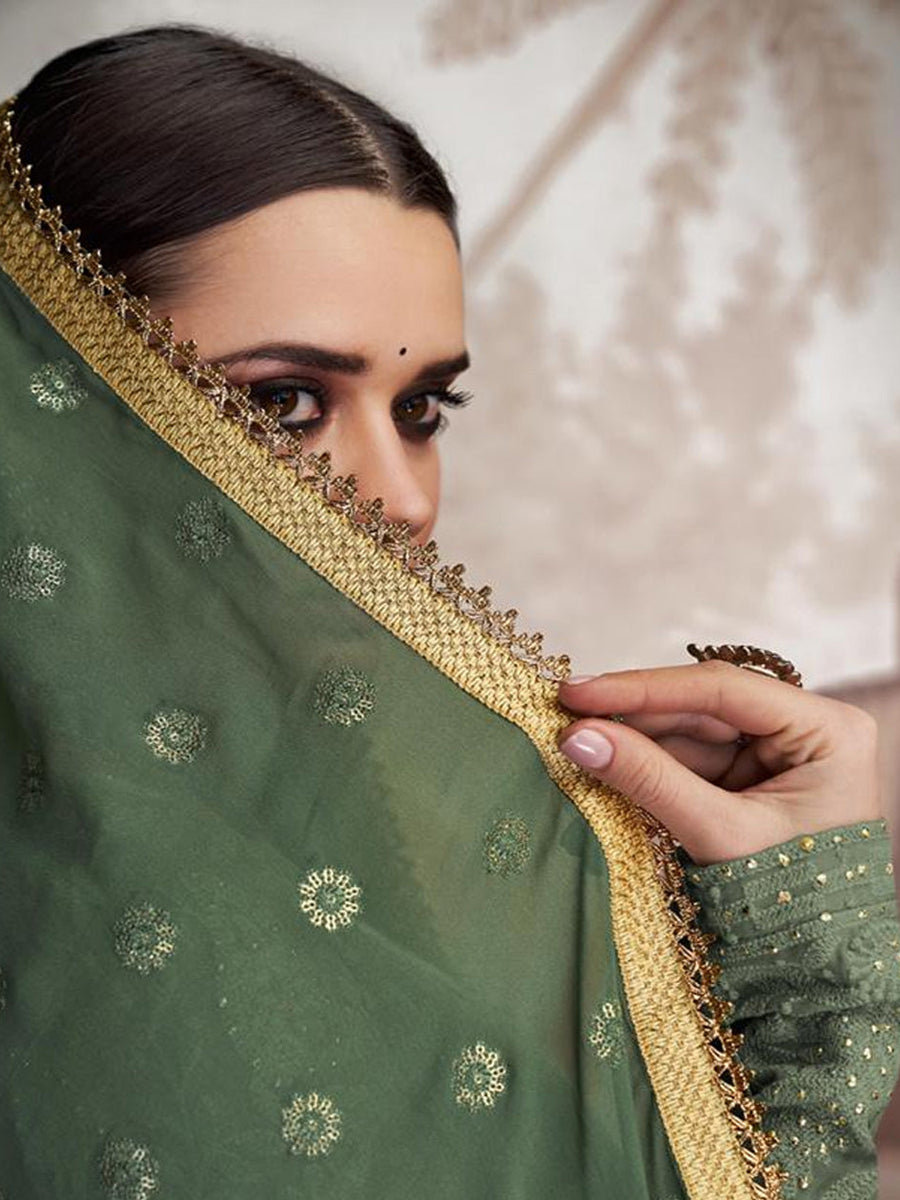 Mahira Olive Green Georgette Lucknowi Chikankari Embroidered Anarkali Suit