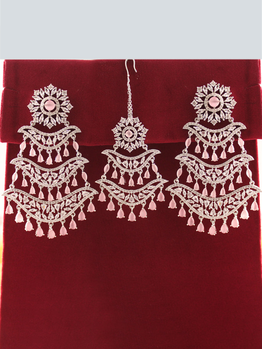 Kayra Earrings & Tikka Set-Silver/Pastel Pink