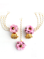 Akansha Floral Earrings & Tikka - Pastel Pink