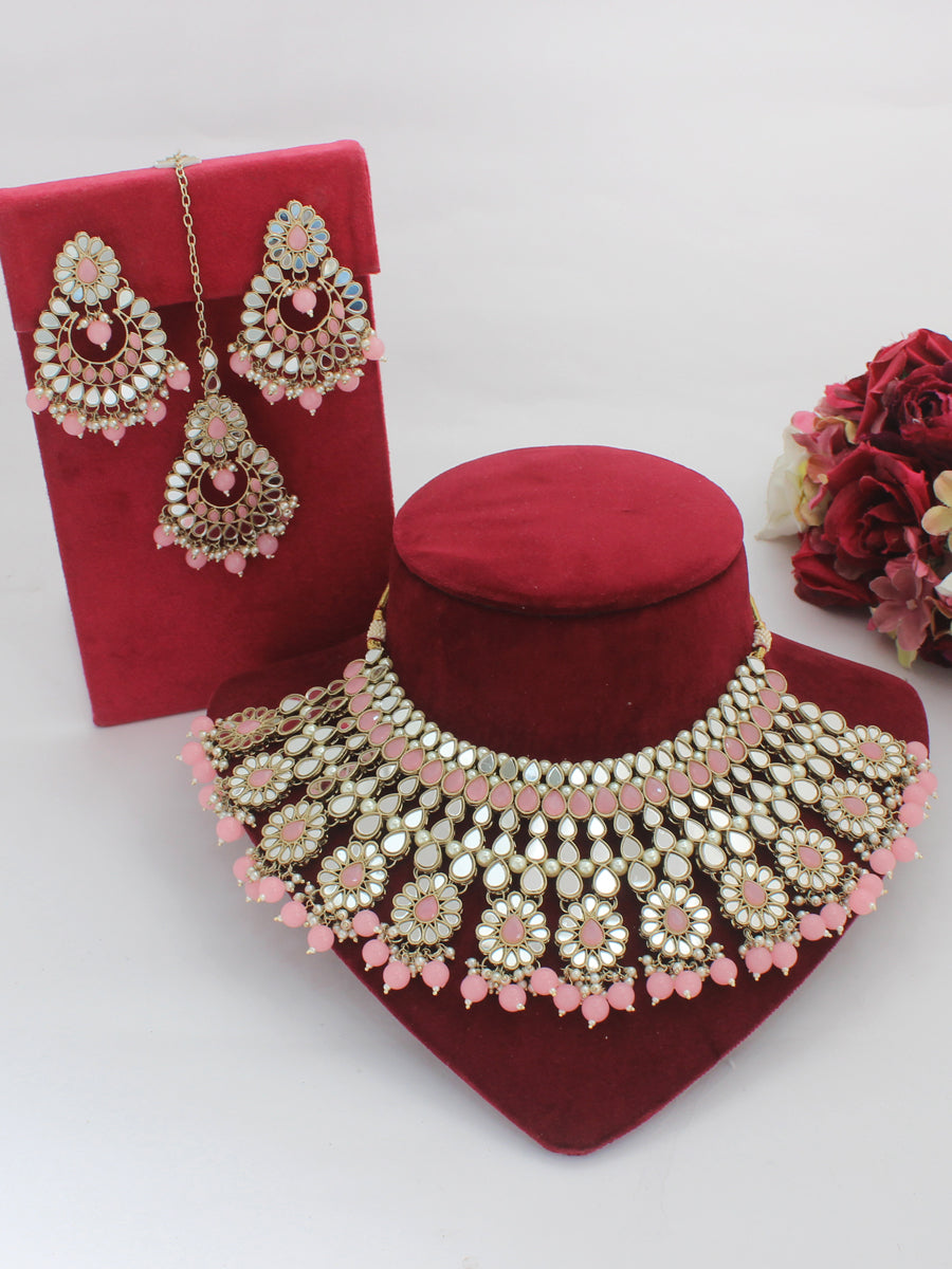 Ziya Necklace Set-(Golden)-Pastel Pink
