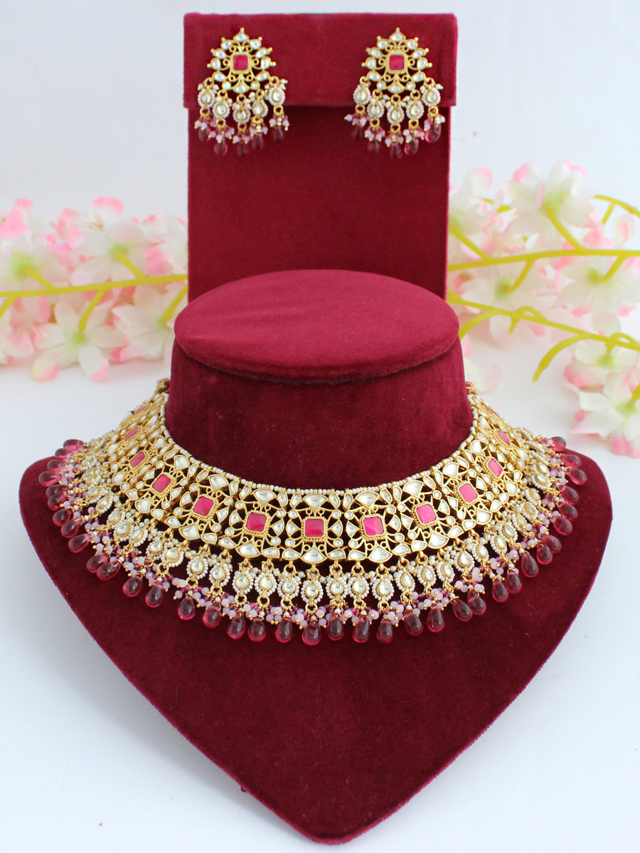 Ridhima Necklace Set-Hot Pink
