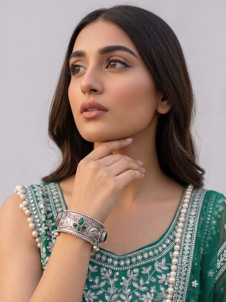 Aabha Silver Cuff Bangle / Bracelet-Multicolor
