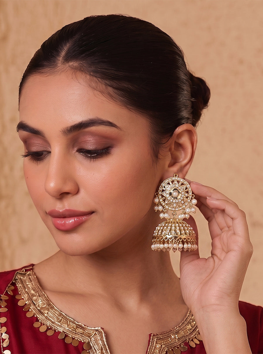 Mishali Jadau Jhumki Earrings - Pearl