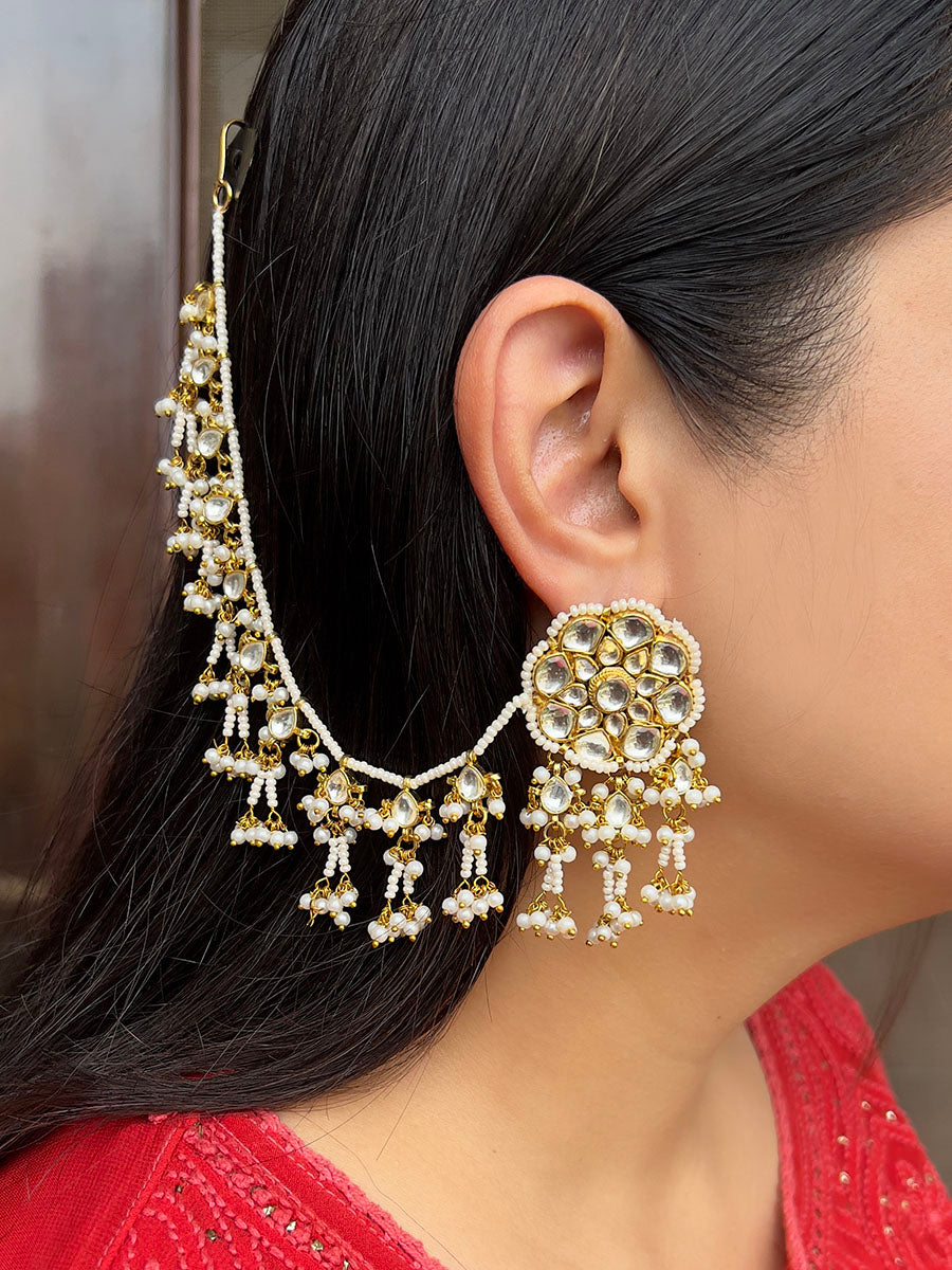 Shloka Stud Earrings With Ear chain-White