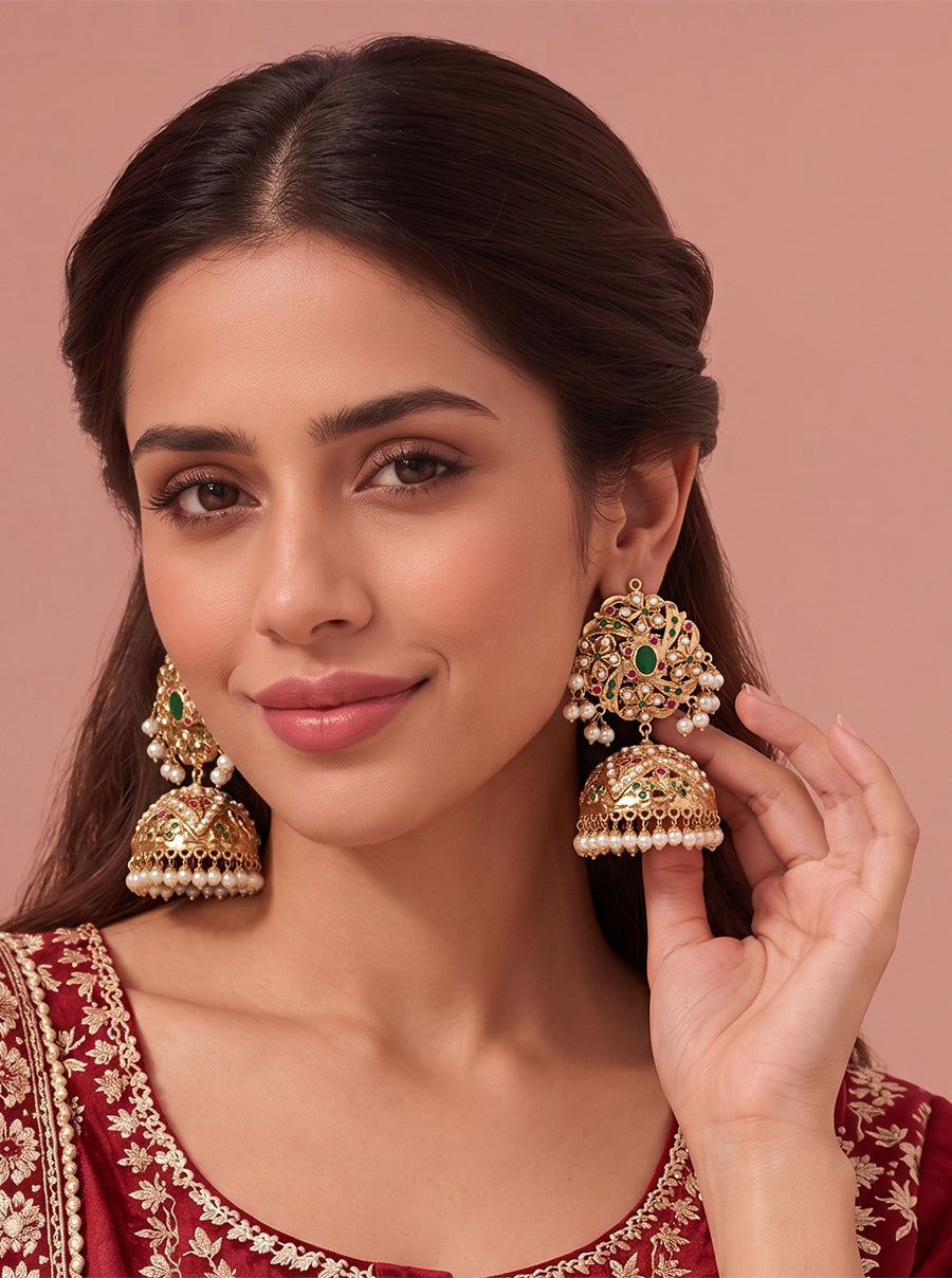 Kashifa Jadau Jhumki Earrings - pink \ Green