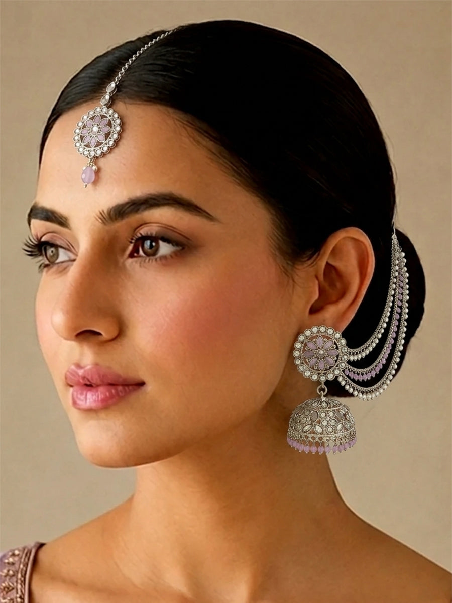 Shiza -Jhumki Earrings with Earchain & Tikka - lavender