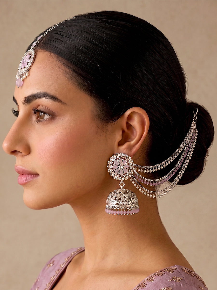Shiza Jhumki Earrings with Earchain & Tikka-Lavender