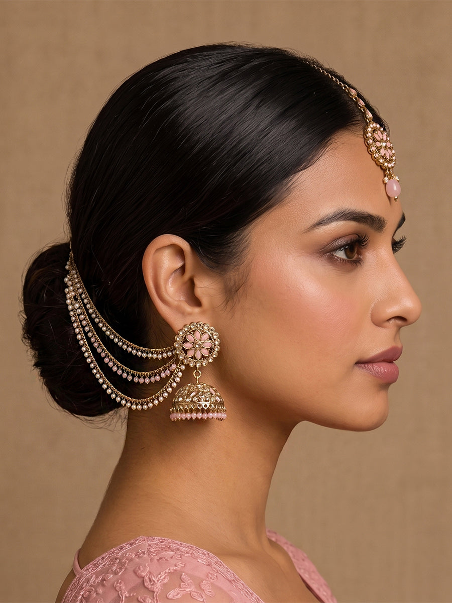 Shiza Jhumki Earrings with Earchain & Tikka - Pastel Pink