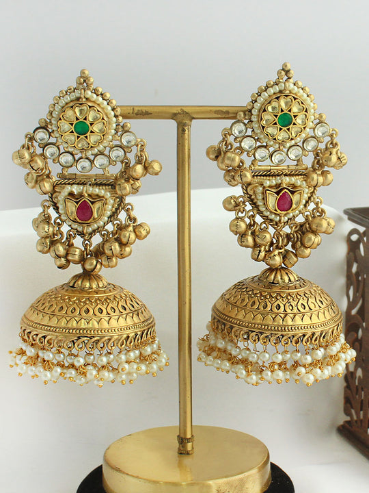 Saanjh Jhumka / Jhumki Earrings-Pink / Green
