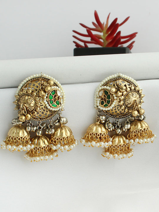 Saanjh Jhumka / Jhumki Earrings-Green
