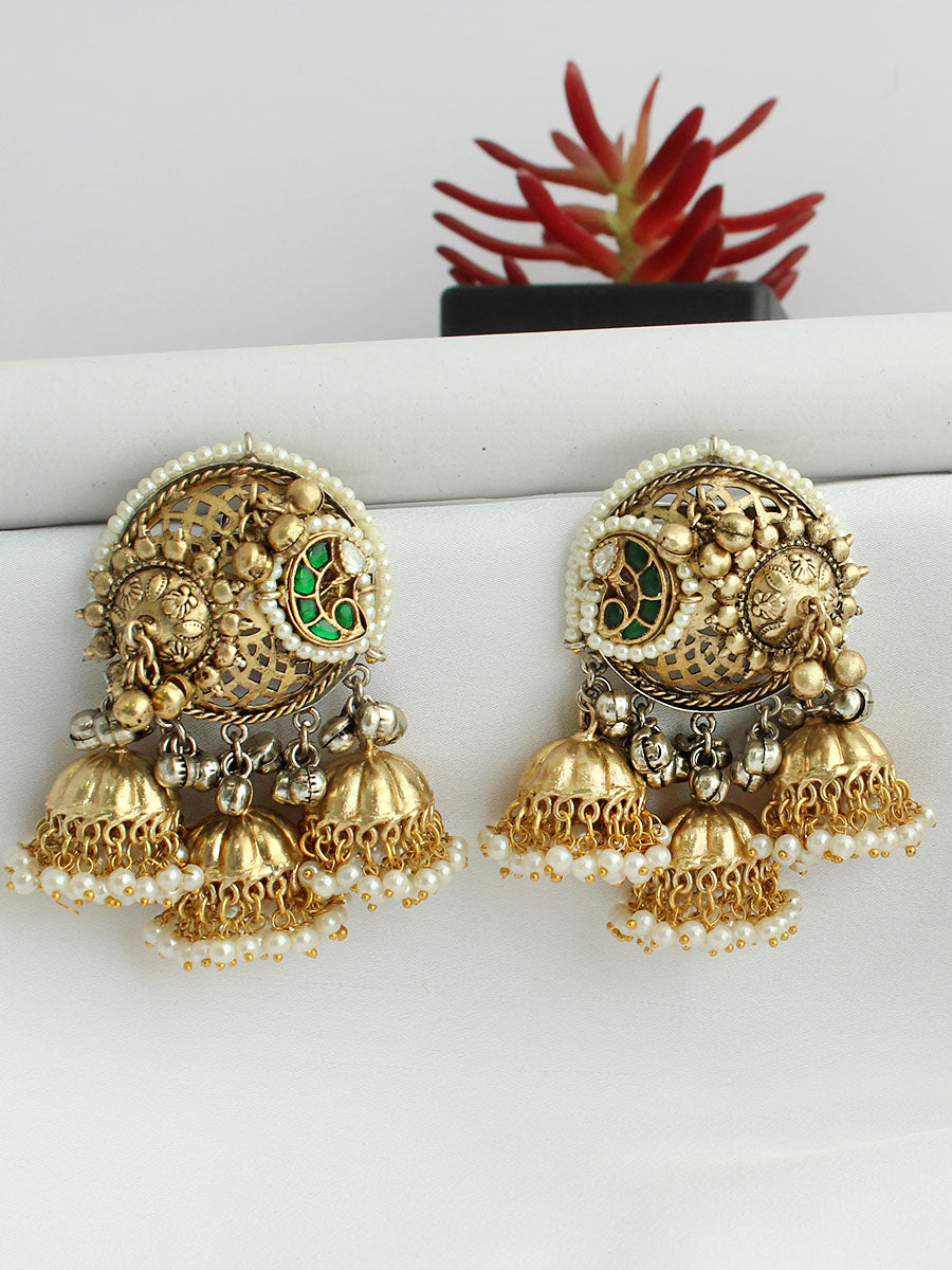 Saanjh Jhumka / Jhumki Earrings-Green