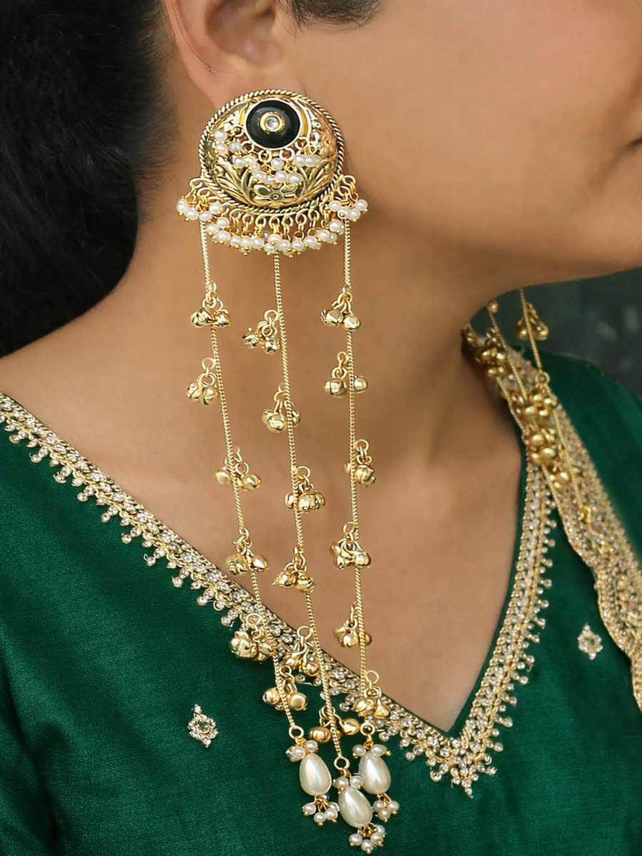 Harika Kashmiri Long Earrings-Black