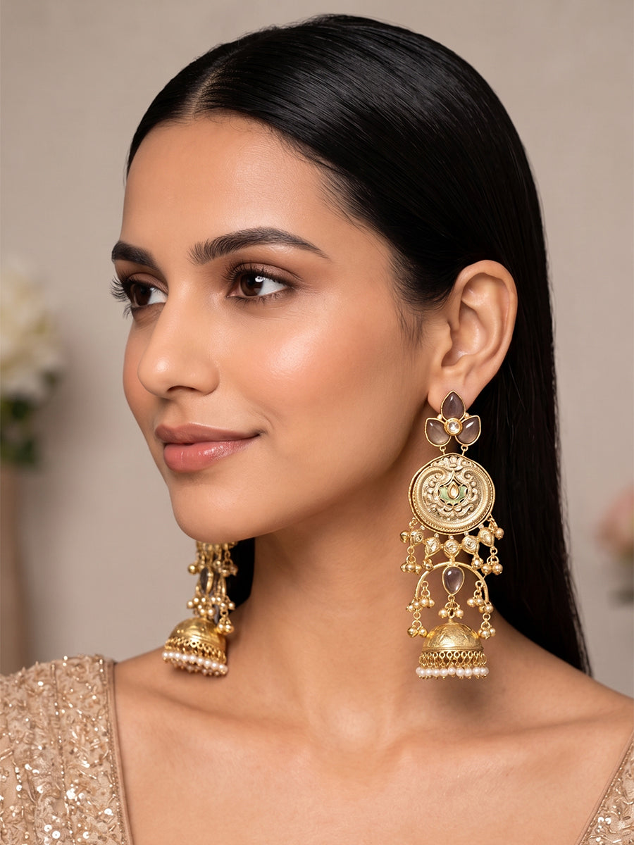 Karnika Long Jhumki Earrings-Grey