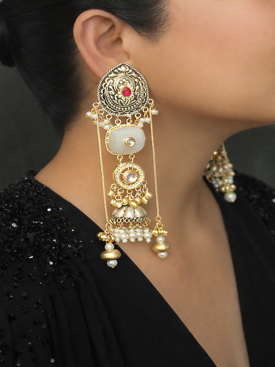 Devika Long Jhumka / Jhumki Earrings-Ivory