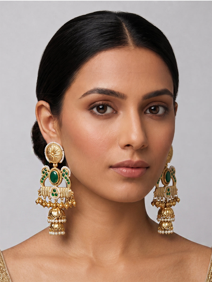Urja Long Jhumki Earrings-Green