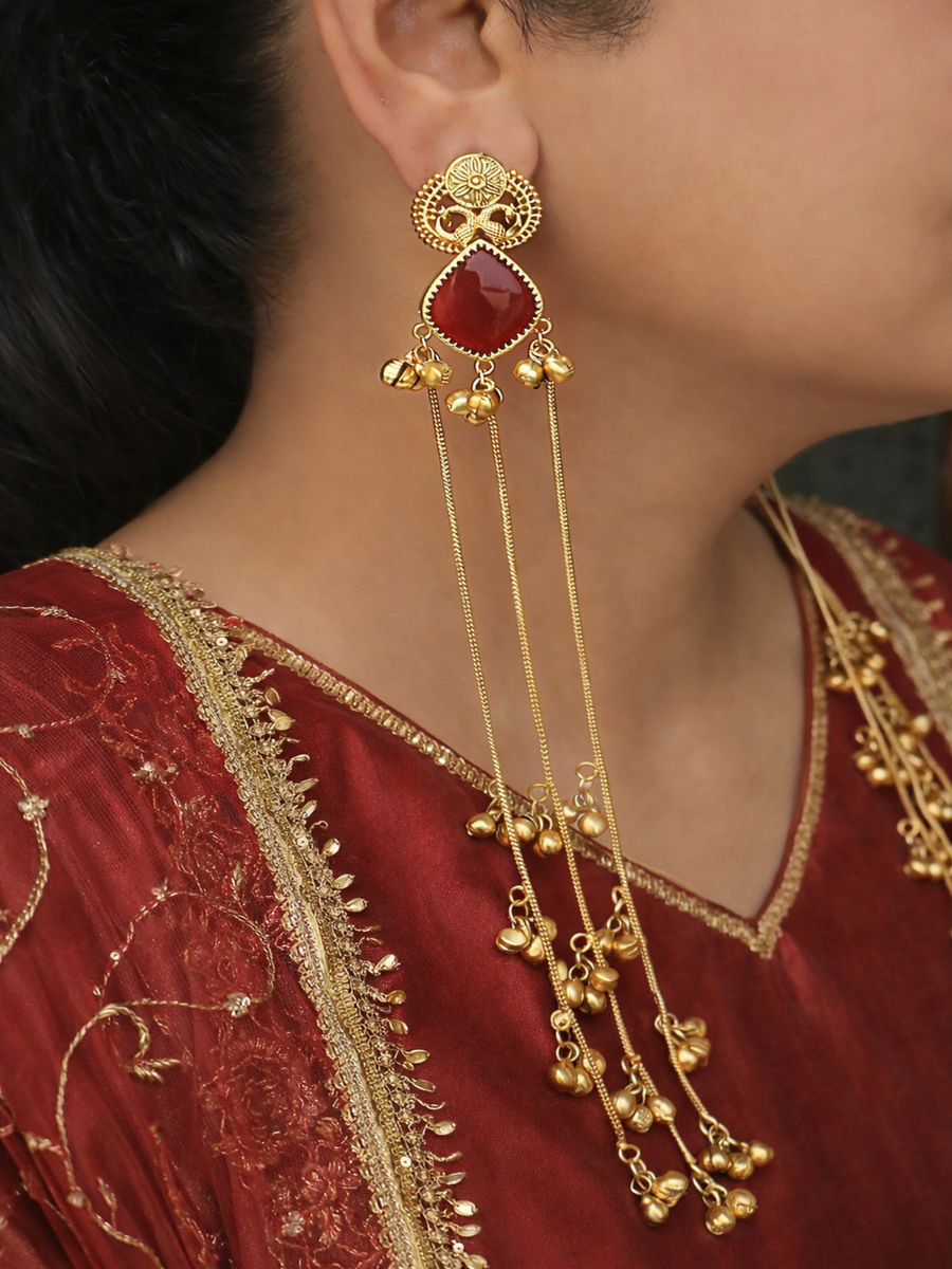 Pranjal Long Earrings-Maroon