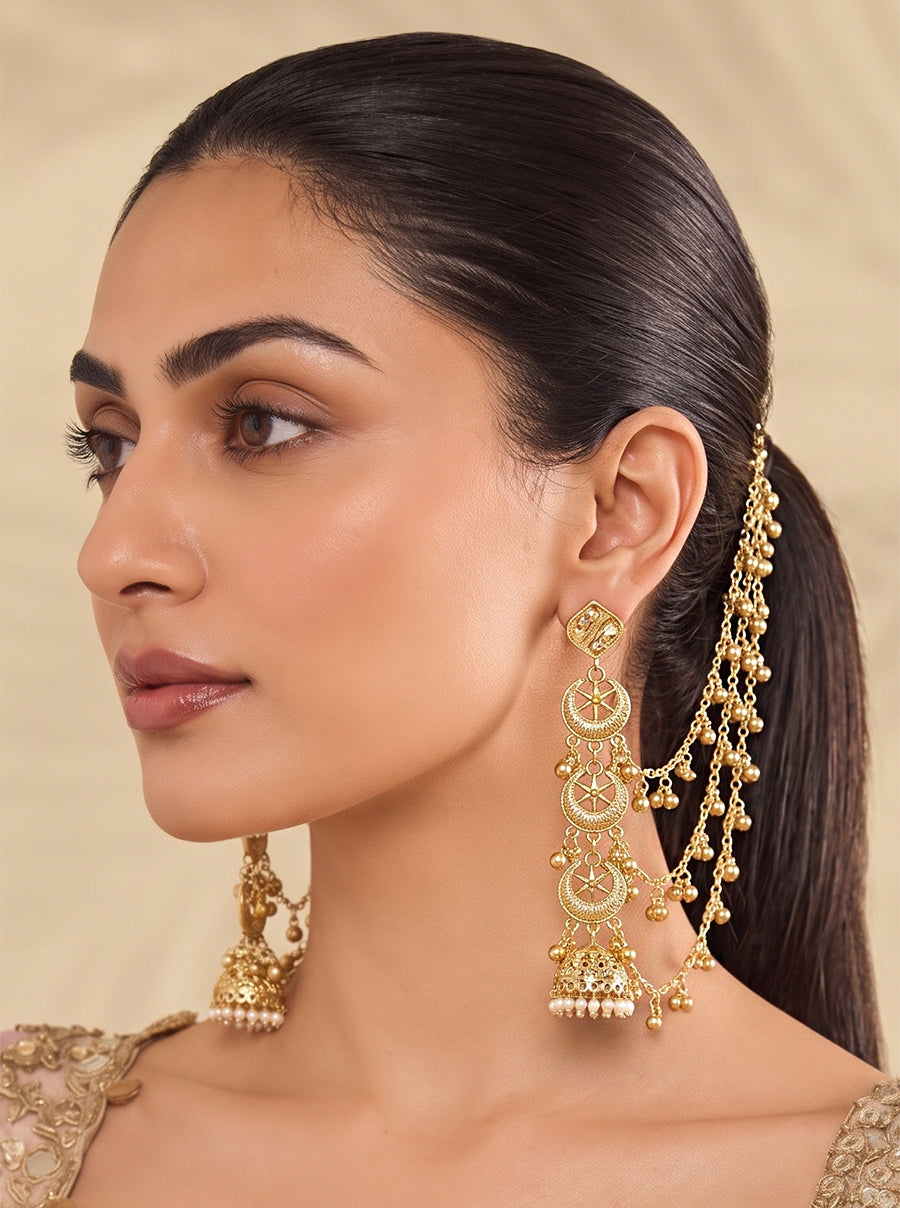 Aakriti Jhumki Earrings with Ear Chain-Gold