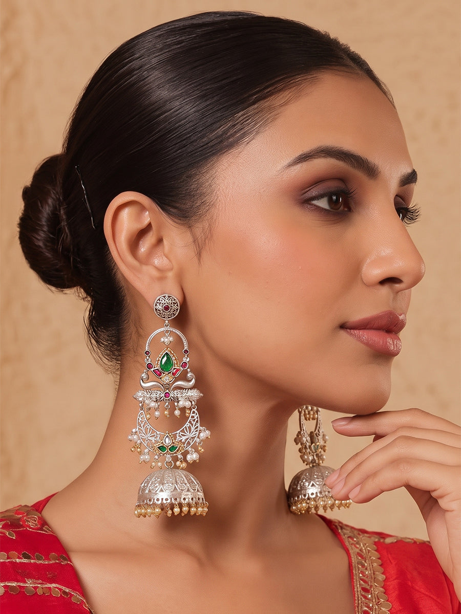 Sitakshi Long Jhumki Earrings-Silver