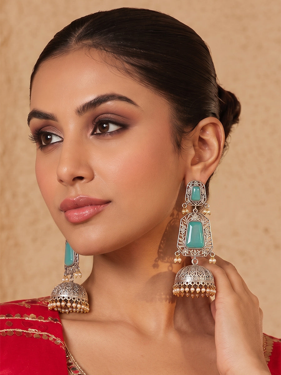 Ushani Long Jhumki Earrings-Turquoise