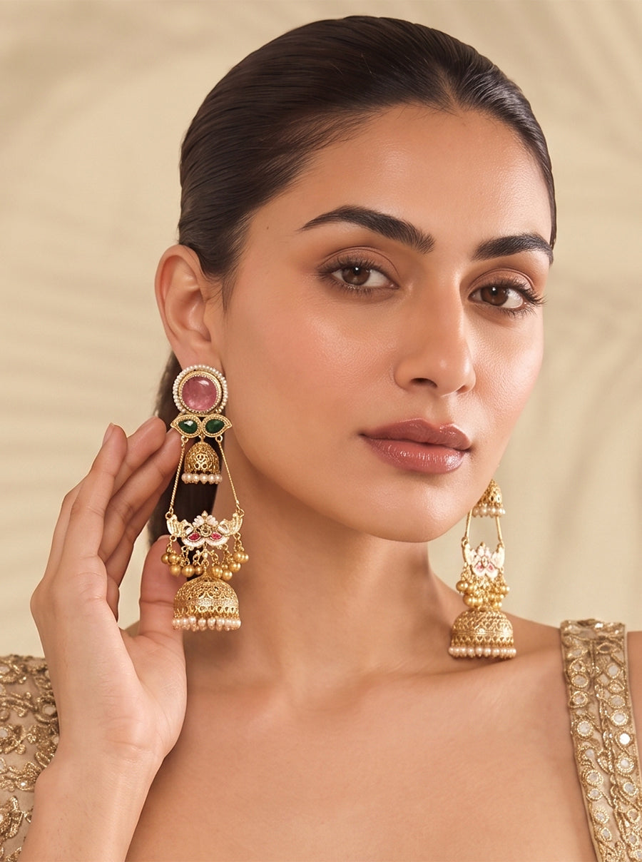 Shivira Long Jhumki Earrings-Pink