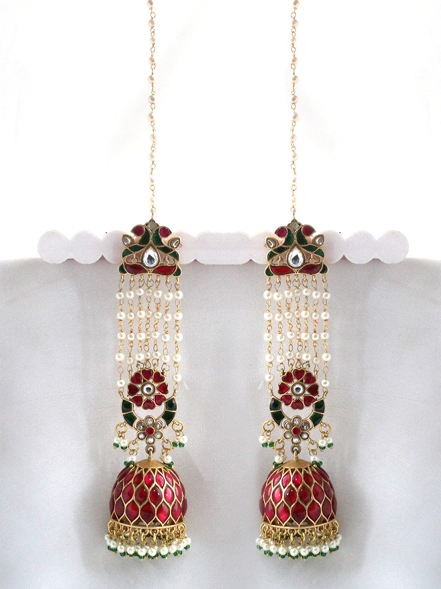 Meera Long Jhumki Earrings-Pink / Green