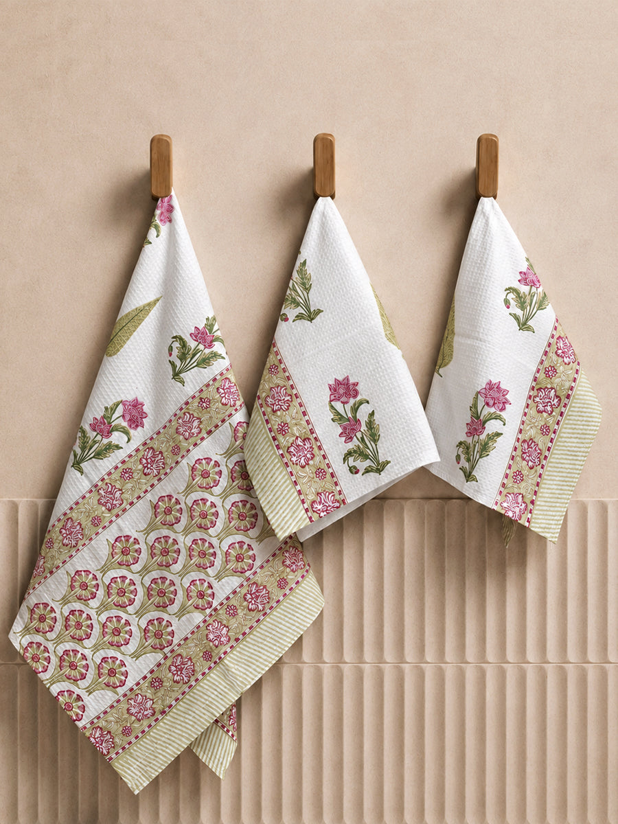 Blossom Pink Floral Hand & Bath Block Print Towel Set