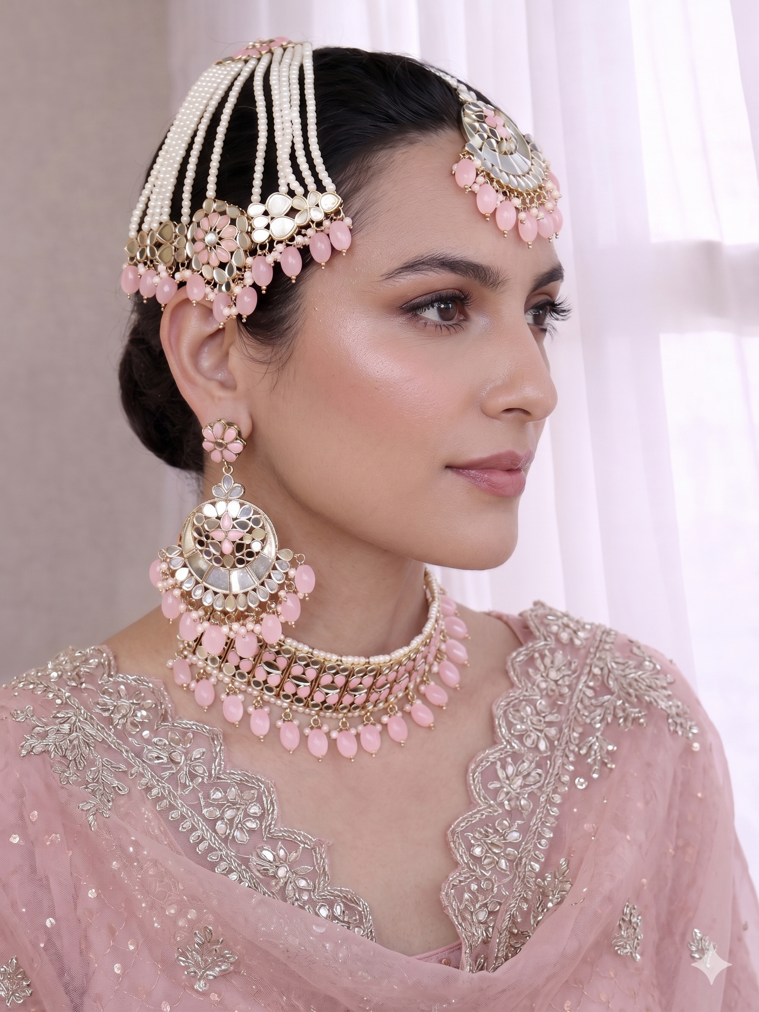 Nushrat Mirror Necklace Set-Pastel Pink
