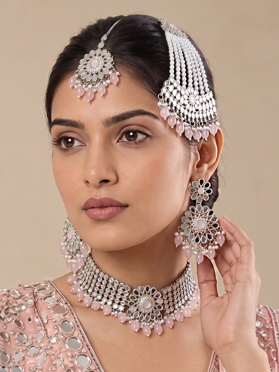Kangana Necklace Set(Silver)Patel Pink